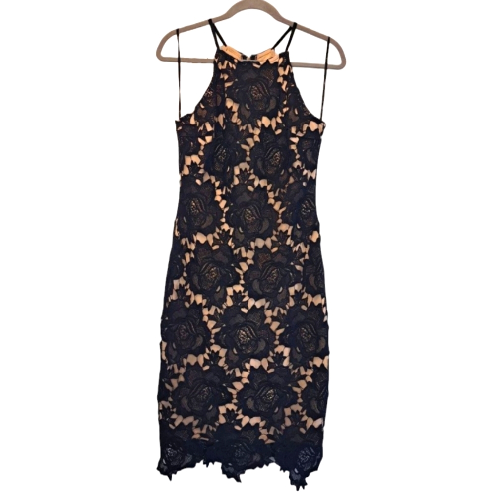 Lulu's Lace Overlay High Neck Sleeveless Cocktail Midi Dress Size Medium
